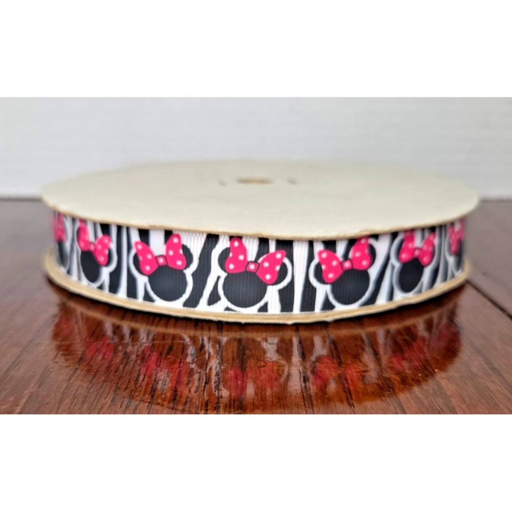Minnie Mouse Zebra Print Grosgrain Ribbon Pink Polka Dot Bow 7/8 Inch‎ Spool